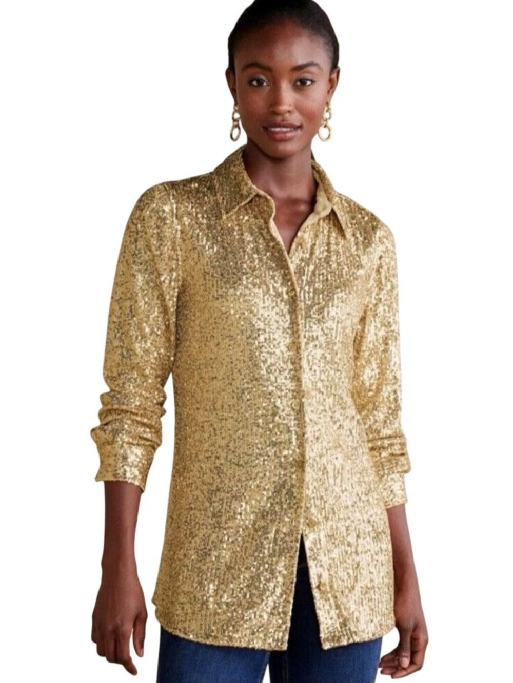 Soft Surroundings Sancerre Sequined Shirt Gold Sequin Party Holiday Size S